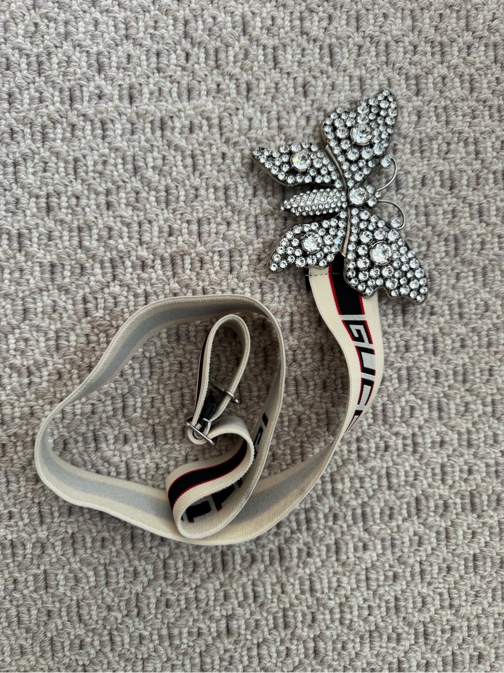 Gucci Crystal Butterfly Webbing Belt in White with Red and Black Stripe
